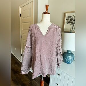 Striped V-Neck Blouse - Red and White